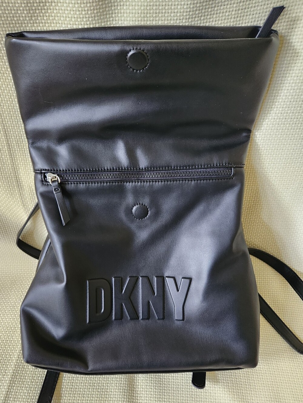 DKNY Tilly Foldover Backpack Black Faux Leather Debossed Logo Medium EUC - Picture 10 of 16